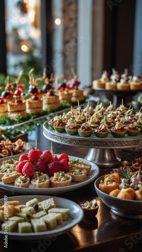 Exquisite catering spread with a variety of snacks for a holiday party or celebration.