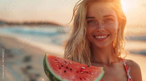 A beautiful blonde woman with freckles smiling and holding up watermelon slice on the beach at sunset photo