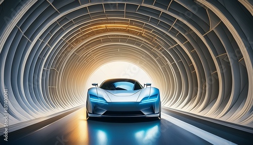 Conceptual image of a sports car driving through a tunnel. A striking image of a car parked in a tunnel