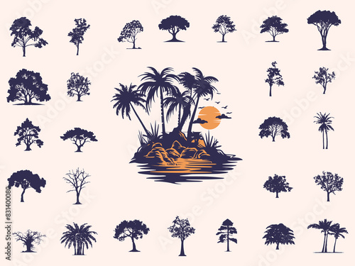 Silhouettes Trees Set, Pine Tree fir  pruce cedar white patch alder elm birch ash cypress beech palm tree.