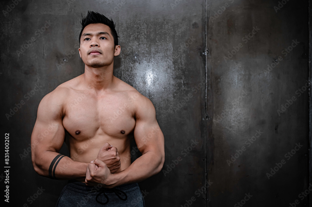 Fototapeta premium Portrait of asian man big muscle at the gym,Thailand people,Workout for good healthy,Body weight training,Fitness at the gym concept