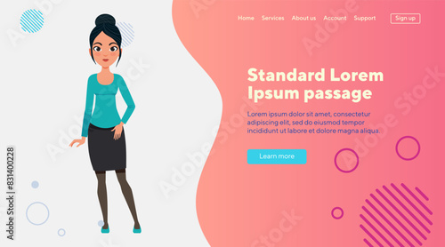 Pretty young lady in blouse and skirt. Female cartoon character with modern hairstyle flat vector illustration. Beauty, fashion concept for banner, website design or landing web page