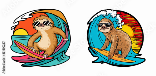 A sloth surfing on a wave, looking cool and relaxed with sunglasses vector illustration. Generative AI