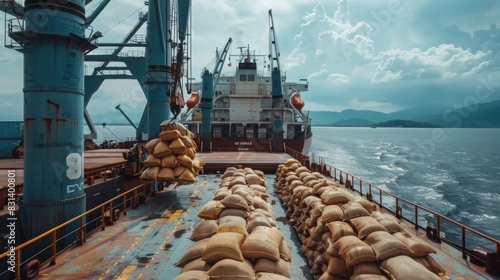 A massive cargo ship being filled with sandbags for transportation. The ship is docked, and workers are loading the heavy bags onto the vessel.