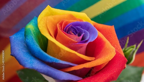 macro photo of a rose flower close up with petals painted in the colors of the LGBT flag, queer pride month