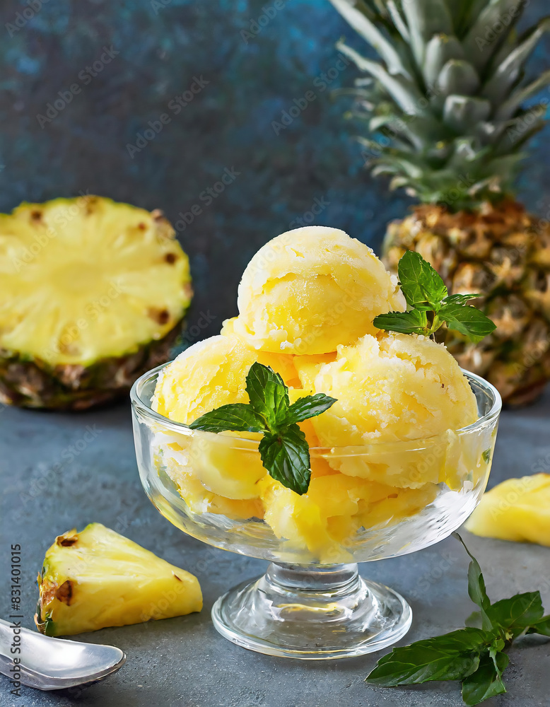 close up a glass bowl with pineapple ice cream balls. copy space close up a glass bowl with pineapple ice cream balls. copy space