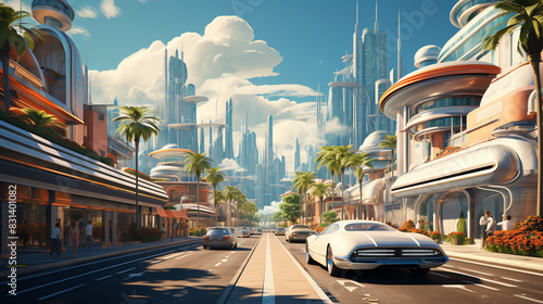 a wide street in a futuristic city. There are tall buildings on both sides of the street, and palm trees line the sidewalk. A white car is driving down the street. photo