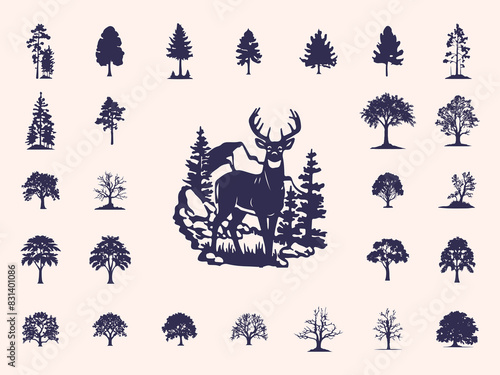 Silhouettes Trees Set, Pine Tree fir  pruce cedar white patch alder elm birch ash cypress beech palm tree.