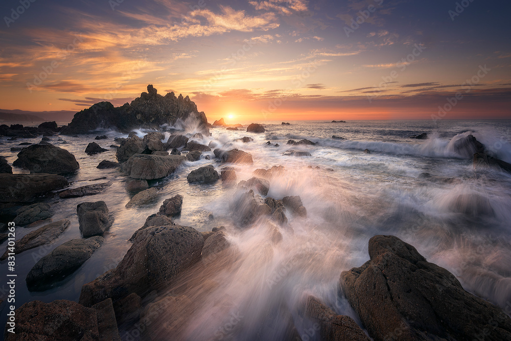 Sunset on Meñakoz beach with waves crashing hard between the rocks in the foreground