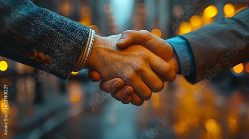 Detailed close-up of a business handshake, reflection on a glass surface, hand textures and accessories, blurred office environment, professional and sophisticated, elegant lighting.
