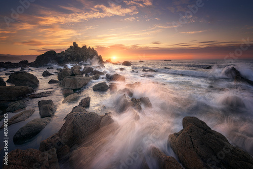 Sunset on Meñakoz beach with waves crashing hard between the rocks in the foreground