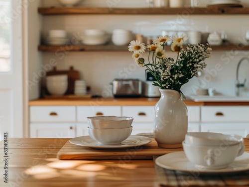Wallpaper Mural A kitchen with a wooden table and a vase of flowers on it. The table is set with plates, bowls, and cups. Scene is warm and inviting, with the flowers adding a touch of natural beauty to the space Torontodigital.ca