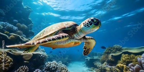Green sea turtle gracefully navigating through vibrant tropical marine life in azure waters. Concept Marine life  Ocean ecosystem  Sea turtles  Aquatic habitats  Underwater photography