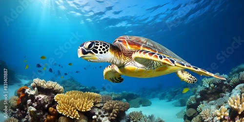 Hawksbill Turtle Swimming in Coral Reef of the Indian Ocean in Maldives. Concept Underwater Photography, Marine Life, Coral Reefs, Hawksbill Turtles, Maldives