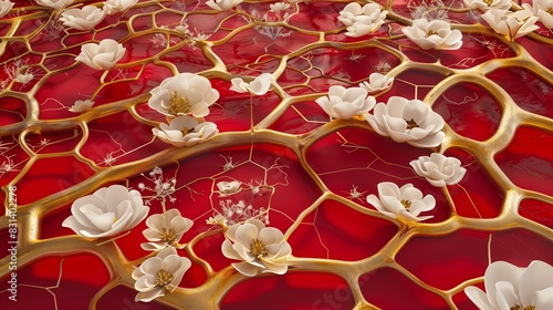 A surreal 3D landscape where golden arabesque branches create a network of paths, with white flowers blooming along the way. The intense red background provides a stark and beautiful contrast. photo