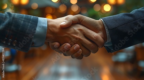 Documentary-style close-up of businessmen shaking hands, capturing the sincere agreement moment, intricate hand details, polished cufflinks, blurred office environment, natural.