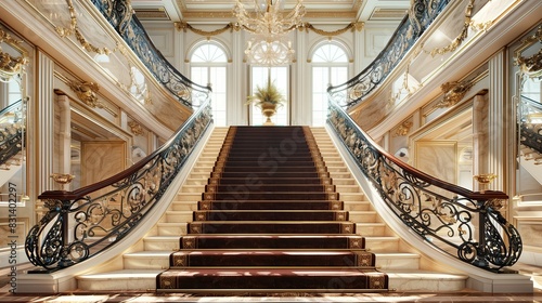 A luxurious staircase with velvet-lined steps and wrought-iron railings