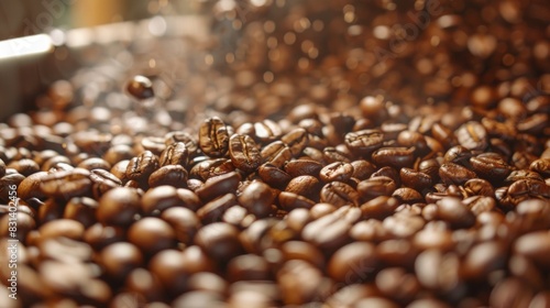 Coffee beans are being roasted to perfection in a cafe roastery  filling the air with a rich aroma. Beans have a glossy sheen indicating freshness.