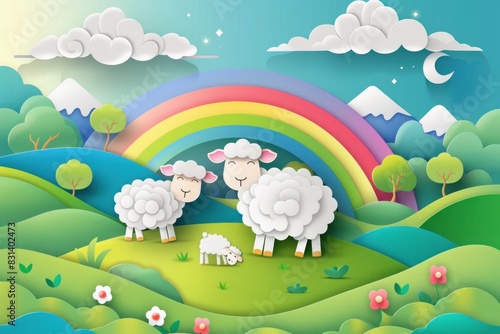 Tranquil scene of three beautiful sheep grazing on a lush green meadow. Serene countryside landscape.