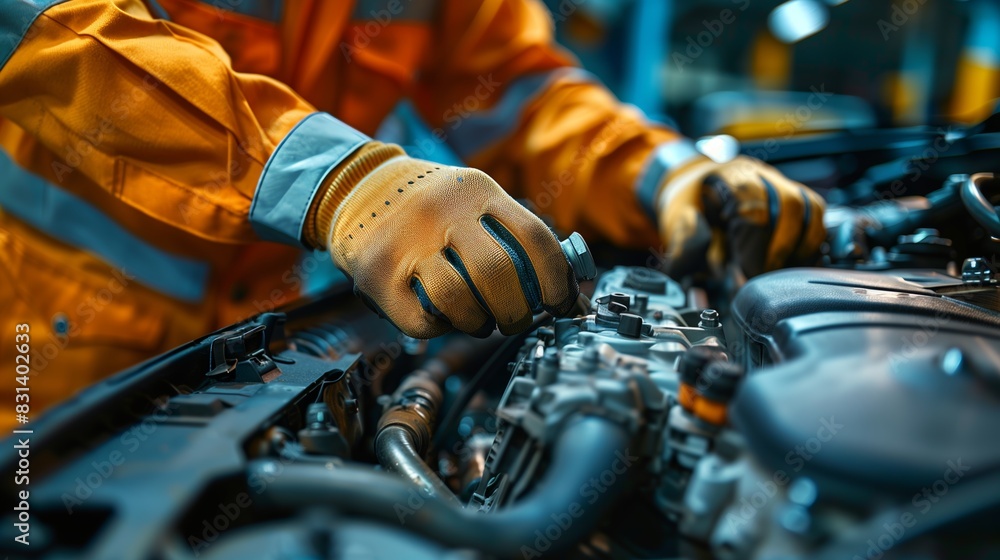Auto mechanic working on car engine in mechanics garage. Repair service. authentic close up shot - selective focus with motion blur. Car auto services and maintenance check concept. Auto mechanic working on car engine in mechanics garage. Repair service. authentic close up shot - selective focus with motion blur. Car auto services and maintenance check concept.