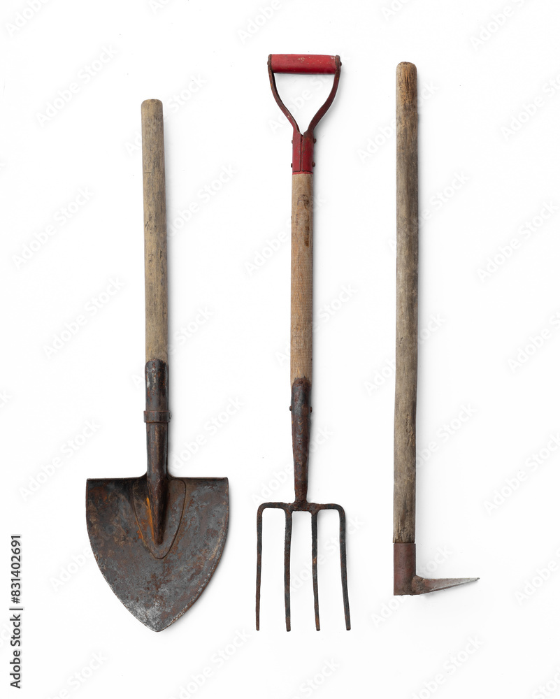 old garden tools, shovel, pitchfork isolated on white background old garden tools, shovel, pitchfork isolated on white background