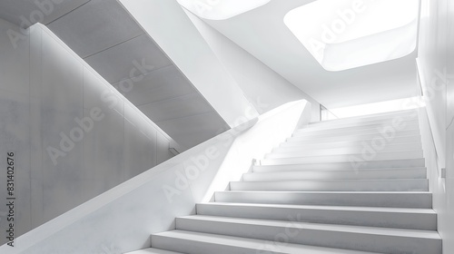 A minimalist staircase with a clean  geometric design and a series of small  square skylights above