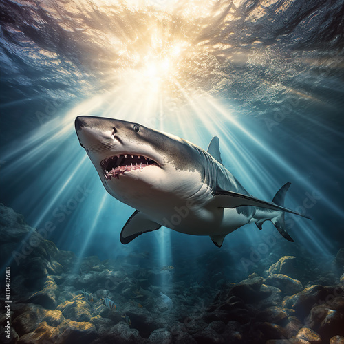 A shark swims in the ocean under the sun rays