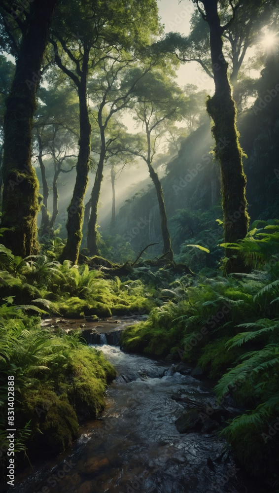 Fantasy landscape featuring a lush forest with magical creatures, panorama. Fantasy landscape featuring a lush forest with magical creatures, panorama.
