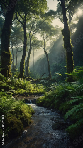 Fantasy landscape featuring a lush forest with magical creatures  panorama.
