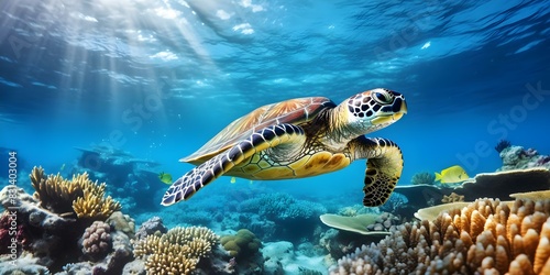 Hawksbill Sea Turtle Swimming Above Yap Island Coral Reef in the Pacific Ocean. Concept Marine Life, Yap Island, Hawksbill Sea Turtle, Coral Reef, Pacific Ocean photo