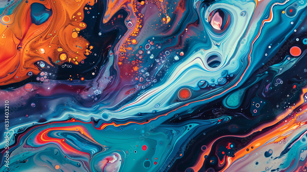 Naklejka premium Abstract fluid expression koi fish swimming in water, Asian feng shui illustration, Aesthetics colorful nature inspirational tenderness illustration, oil paint, Wall decoration photo, Generated AI.