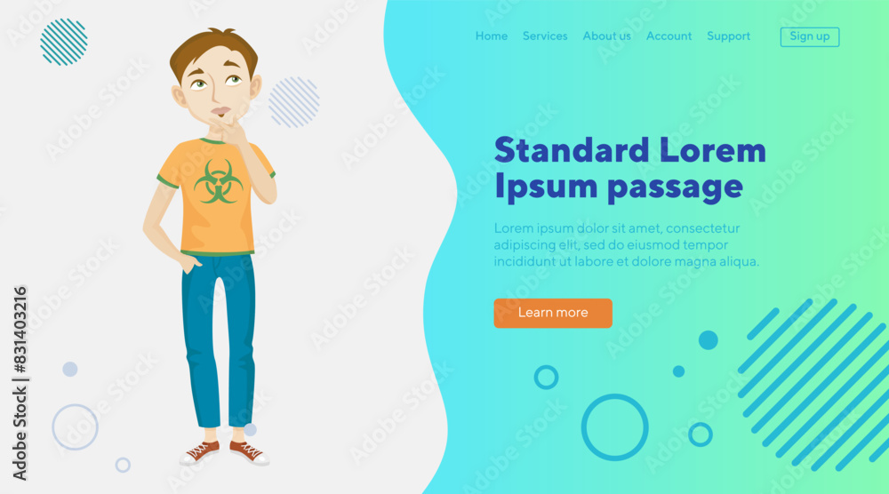 Male teenager with hand on chin thinking. Boy in T-shirt and jeans flat vector illustration. Teenager, thoughts concept for banner, website design, landing page Male teenager with hand on chin thinking. Boy in T-shirt and jeans flat vector illustration. Teenager, thoughts concept for banner, website design, landing page