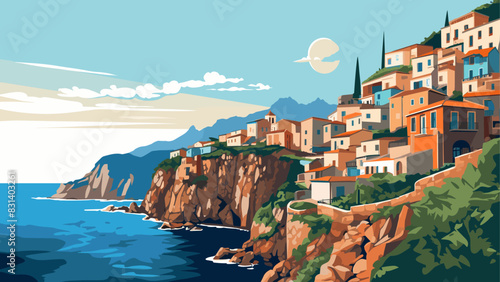 Breathtaking Landscape of a Quiet Village Overlooking the Sea, Rendered in Detailed Vector Art