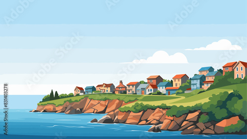 Breathtaking Landscape of a Quiet Village Overlooking the Sea, Rendered in Detailed Vector Art