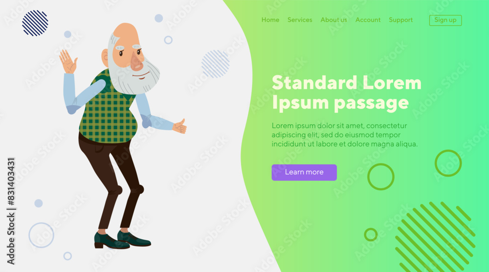 Old man waving hand flat vector illustration. Senior man with beard showing thumb up. Retirement, feedback, advertisement concept for banner, website design or landing page Old man waving hand flat vector illustration. Senior man with beard showing thumb up. Retirement, feedback, advertisement concept for banner, website design or landing page