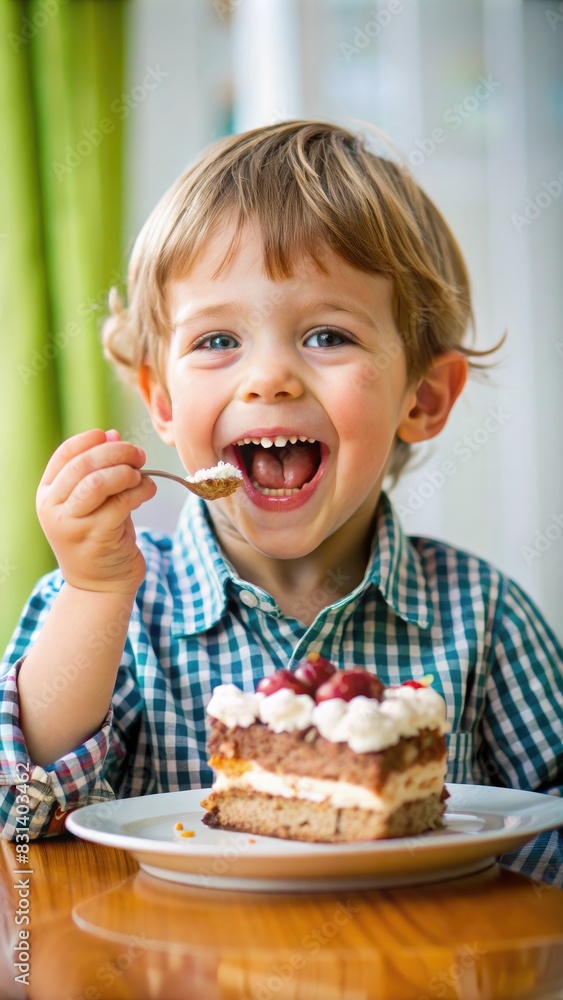 Young Boy Eating Piece of Cake. Generative AI Young Boy Eating Piece of Cake. Generative AI