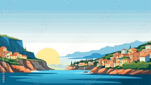 Breathtaking Landscape of a Quiet Village Overlooking the Sea, Rendered in Detailed Vector Art