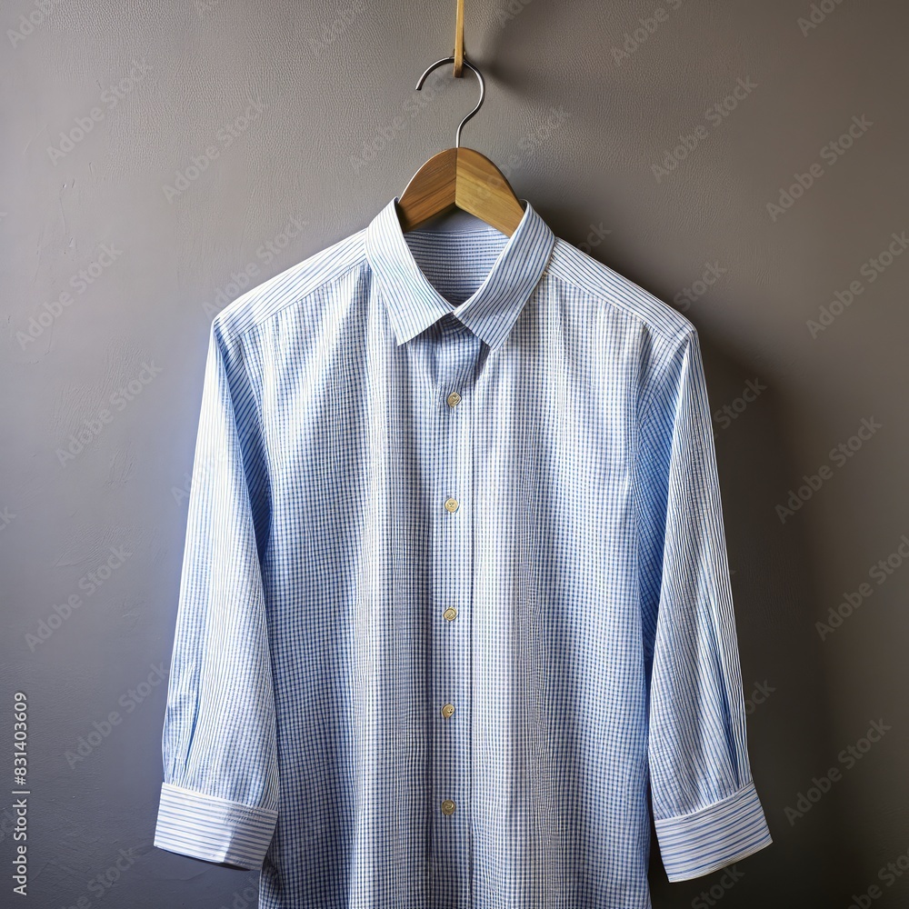 Blue and White Shirt Hanging on Wall. Generative AI Blue and White Shirt Hanging on Wall. Generative AI
