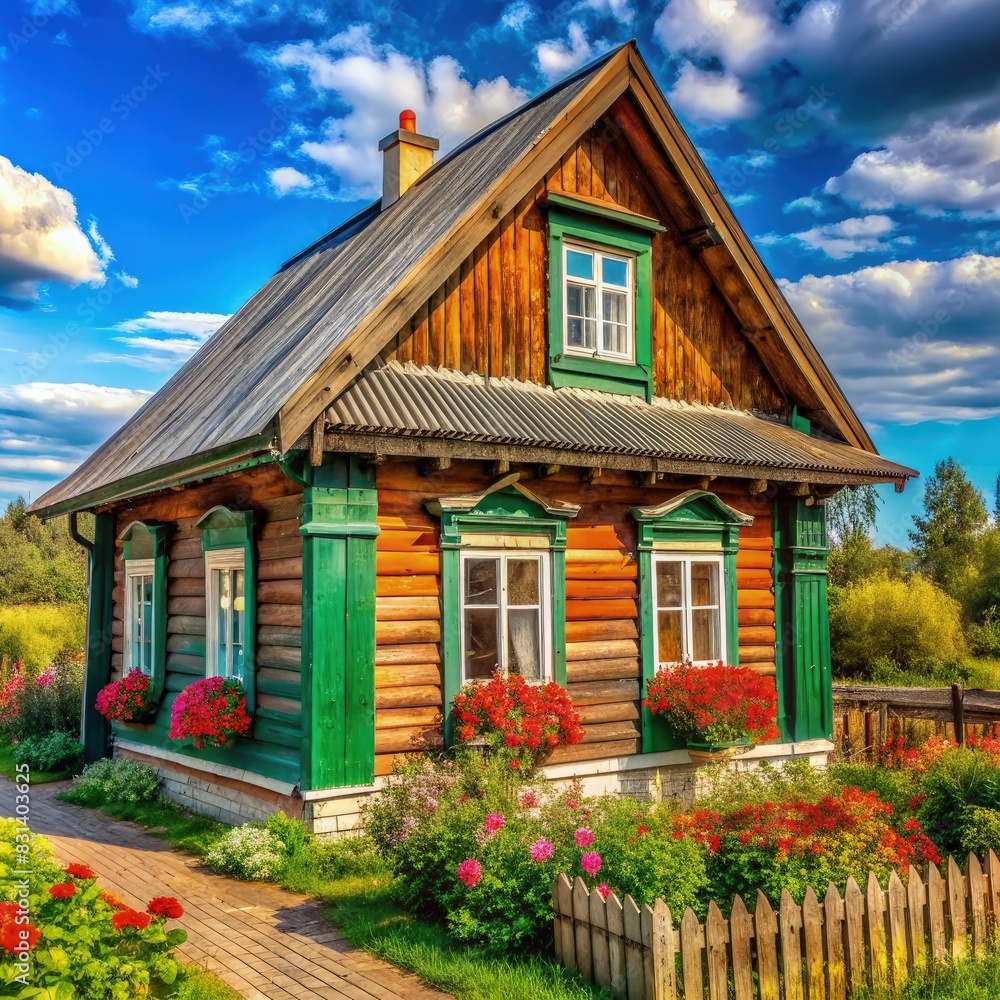 Log Cabin With Flowers and Picket Fence. Generative AI Log Cabin With Flowers and Picket Fence. Generative AI