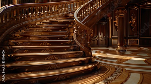 A grand staircase with a majestic, curved design and a series of steps that feature intricate, inlaid wood patterns
