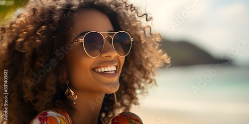 Happy black woman in stylish sunglasses relaxing on a tropical beach. Concept Tropical Beach, Happy Woman, Stylish Sunglasses, Relaxing, Black Woman