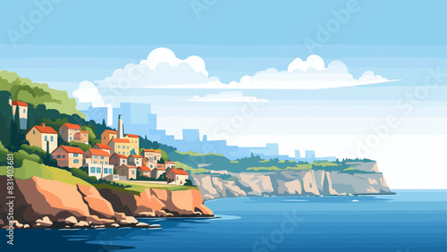 Breathtaking Landscape of a Quiet Village Overlooking the Sea, Rendered in Detailed Vector Art
