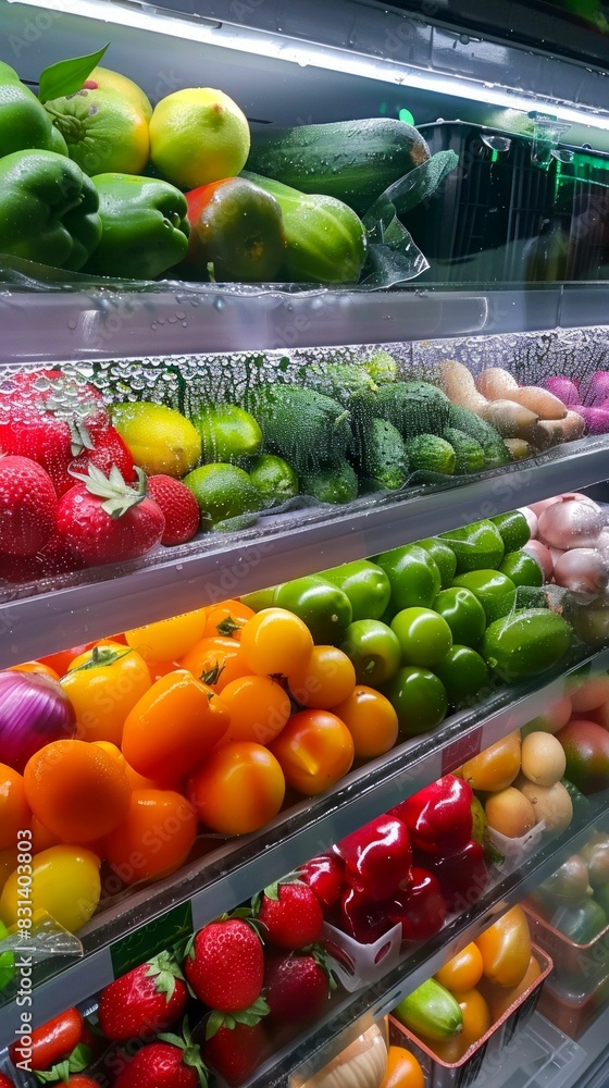 Colorful Variety of Fresh Fruits and Vegetables in Refrigerator. Generative ai