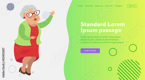 Senior woman dancing flat vector illustration. Old lady character in glasses and with curly gray hair. Leisure, retirement concept  for banner, website design or landing page