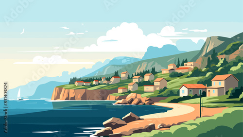 Breathtaking Landscape of a Quiet Village Overlooking the Sea, Rendered in Detailed Vector Art