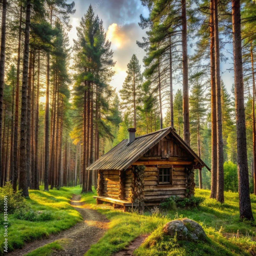 Log Cabin Surrounded by Forest. Generative AI Log Cabin Surrounded by Forest. Generative AI