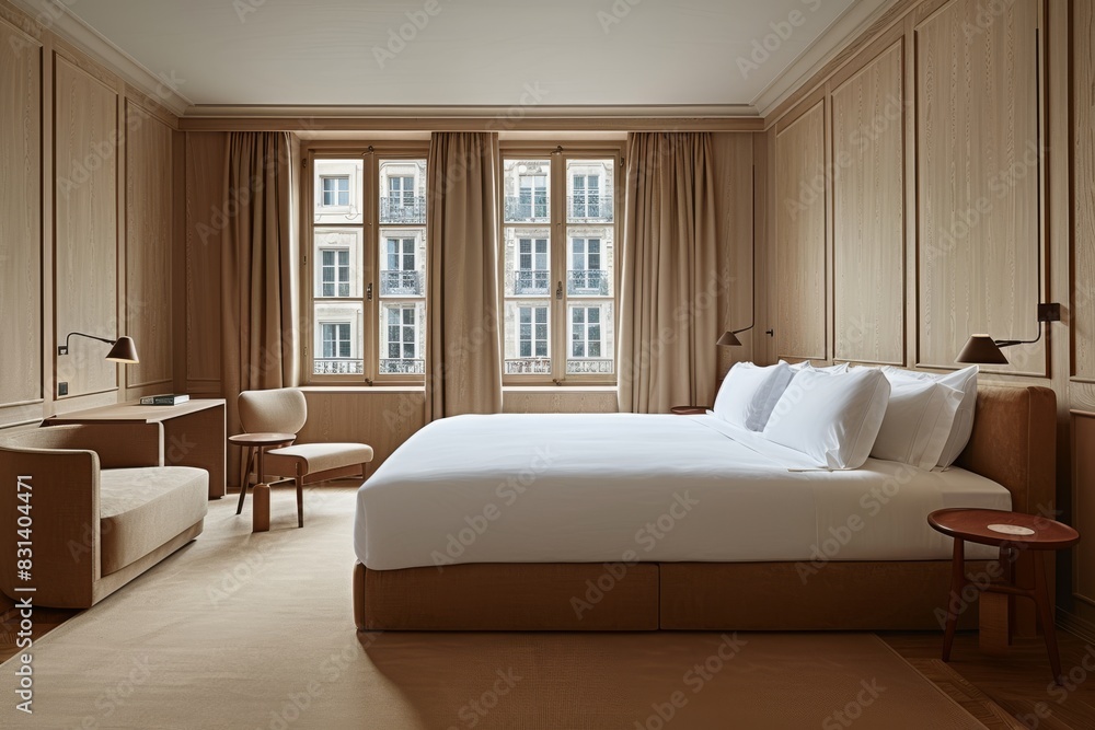 Fototapeta premium Classic hotel suite with large windows, city view, and elegant furnishings in a warm, inviting atmosphere perfect for a comfortable urban retreat or business stay