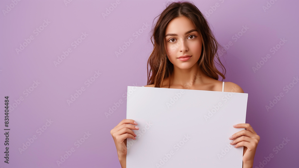 smiling woman holding a blank transparent banner with both hands smiling woman holding a blank transparent banner with both hands