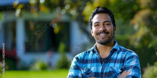 Closeup photo of Hispanic male homeowner next to modern home solar panels. Concept Homeowner Portrait, Modern Architecture, Solar Panels, Hispanic Man, Closeup Shot photo