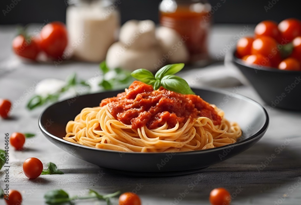 AI generated illustration of a bowl of spaghetti topped with tomato sauce AI generated illustration of a bowl of spaghetti topped with tomato sauce